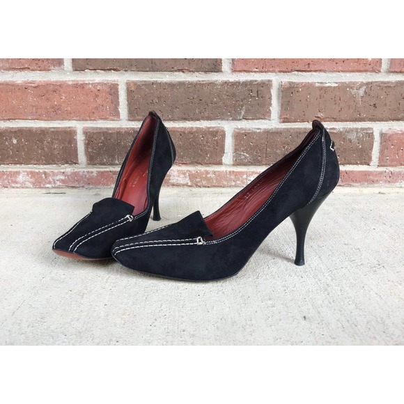 vtg 90s black SUEDE Donald J Pliner STILETTO HEELS 7.5 couture Italy square toe - Picture 2 of 10